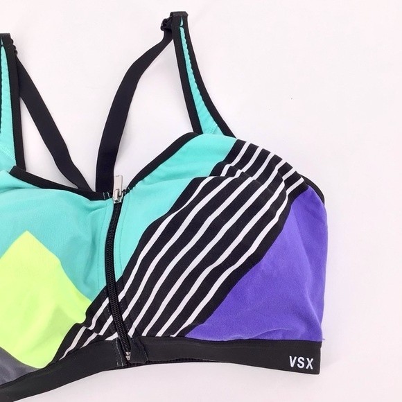 VSX Sport Victoria's Secret Bra Blue Black Green Colorblock Front Zip Size 36C - Picture 2 of 15